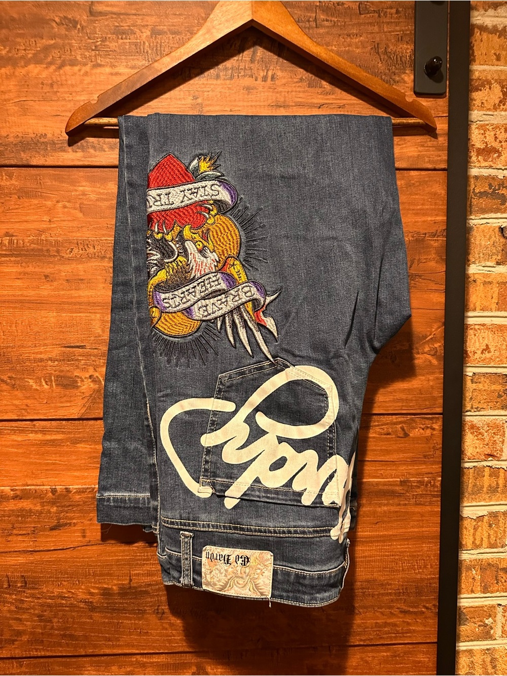 Ed Hardy Brave Eagle Hearts Stay True Wide Leg Jeans Vintage Wash size 32 (56)